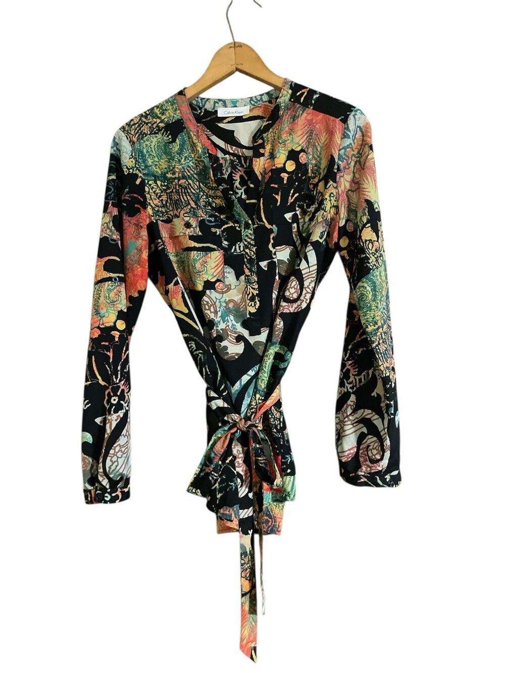 Calvin Klein Women’s Medium Tie-Front Printed Blouse Long Sleeve Abstract Floral